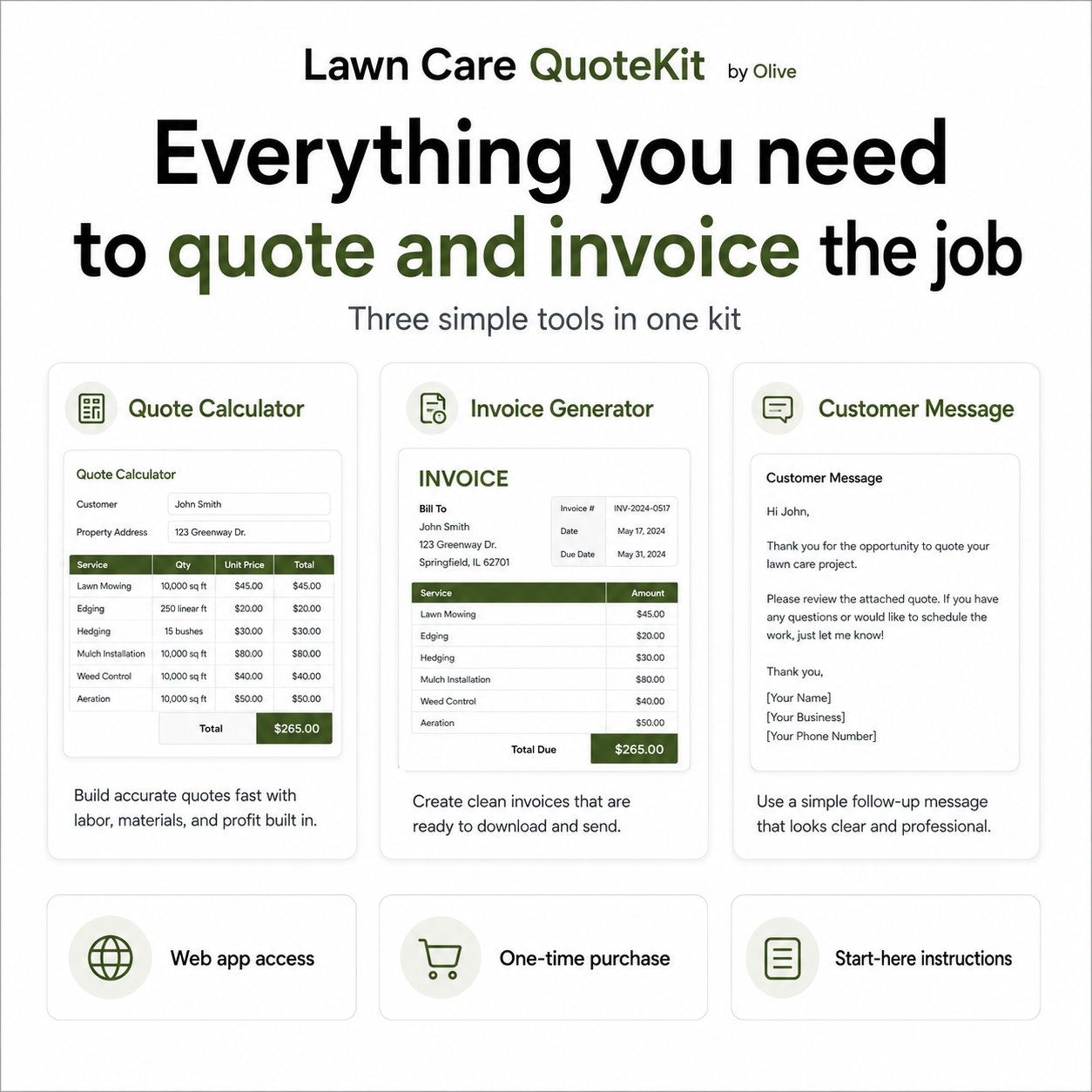 Lawn Care QuoteKit by Olive software tool for quoting and invoicing lawn care services.