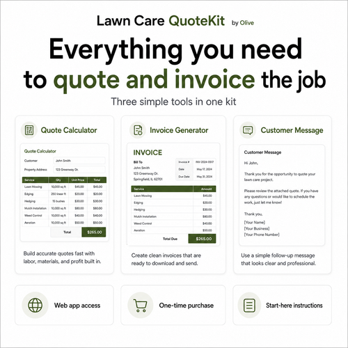 Lawn Care QuoteKit by Olive software tool for quoting and invoicing lawn care services.