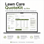 Lawn Care QuoteKit by Olive software interface on a laptop screen with promotional text.
