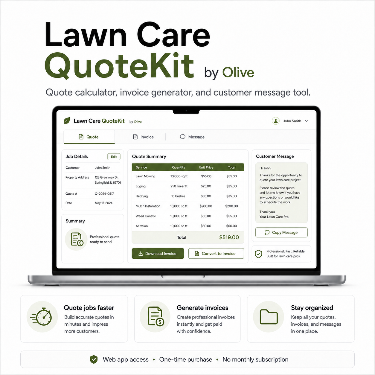 Lawn Care QuoteKit by Olive software interface on a laptop screen with promotional text.