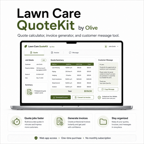 Lawn Care QuoteKit by Olive software interface on a laptop screen with promotional text.